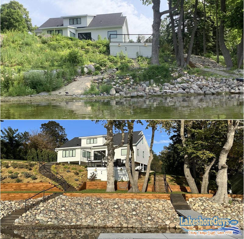 Beautiful riprap shoreline with stairs and retaining wall - before and after