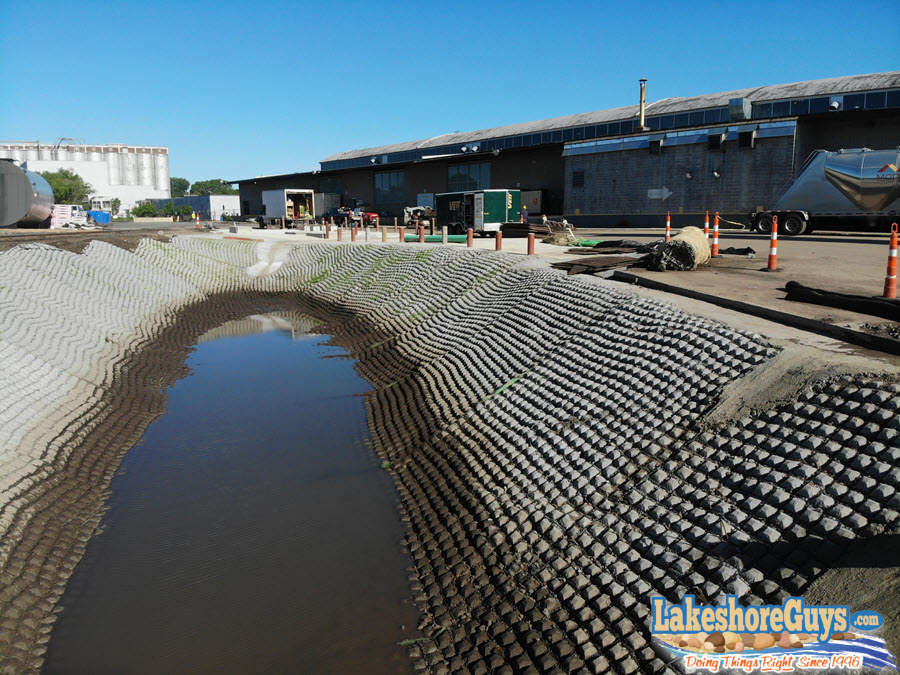 Flexamat concrete mat on stormwater basin 