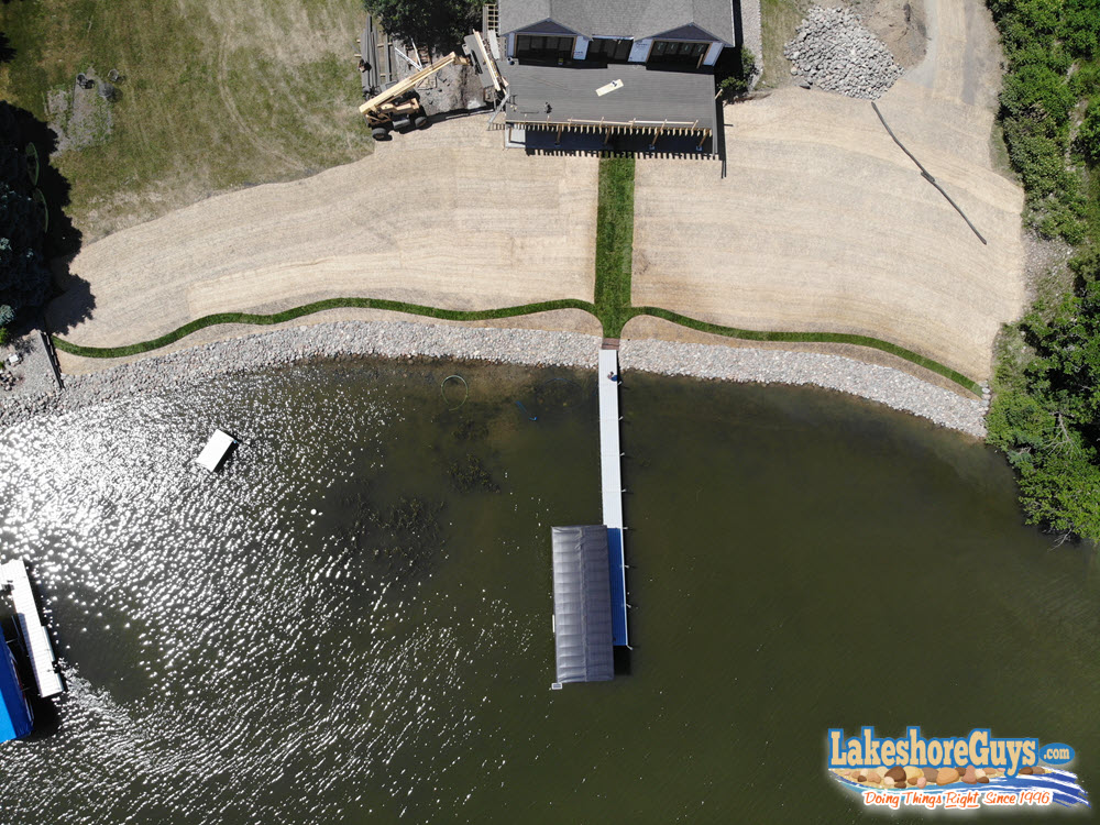 WAY-up aerial view of riprap shoreline created by Lakeshore Guys® in South Dakota
